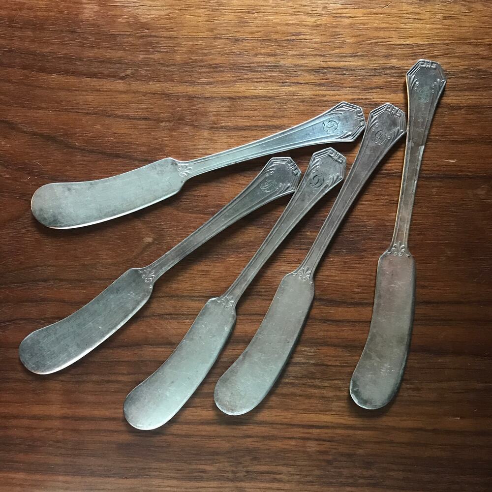 Reed & Barton Pompeian Butter Spreaders - set of 5, 5 3/4" Monogrammed "D"